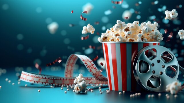 Concept of online home cinema. Bucket for popcorn, film strip and reel. Filmmaking banner. 3D Web Vector Illustrations