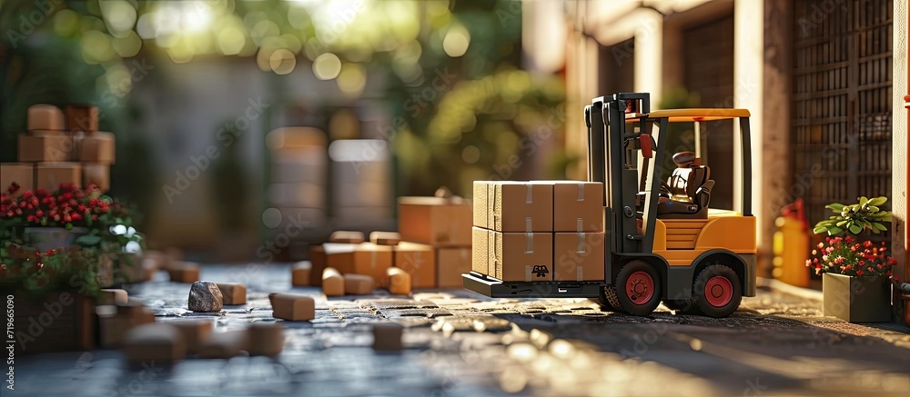 Poster warehouse forklift loader loading cardboard boxes into a car outdoors. copy space image. place for a
