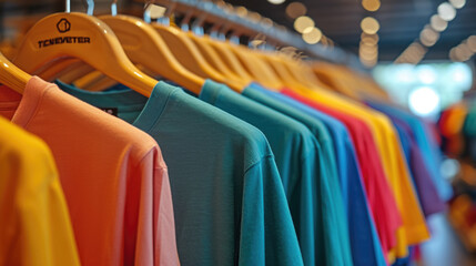 plain t-shirts of different colors hang on a hanger, store interior blur