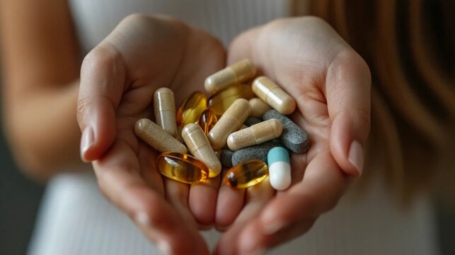 Dietary supplements in female hands, tablets with vitamins