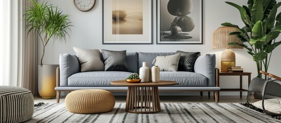 Stylish scandi interior of home space with design grey sofa retro wooden table mock up poster frame...