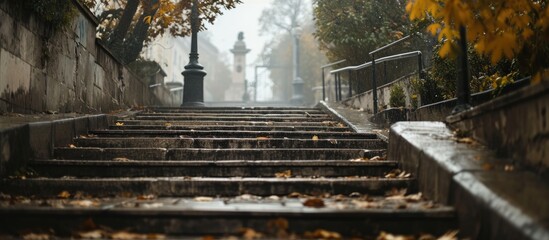 Selective blur on water of rain dripping and splashing on stairs in the city center of belgrade Serbia during a rainy afternoon of autumn during a bad weather episode. Copy space image - obrazy, fototapety, plakaty