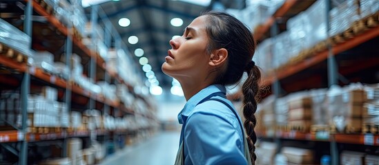Warehouse worker and back pain after having to carry move product boxes to be stored on shelves in a large warehouse. Copy space image. Place for adding text