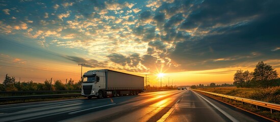 Transportation trucks passing by on a country highway under a beautiful sky Business Transportation And Trucking Industry. Copy space image. Place for adding text