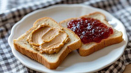 Obraz na płótnie Canvas Peanut Butter and Jelly Sandwitch on a wooden table. United States popular sandwitch celebrated on April 2nd during National Peanut Butter and Jelly Day.