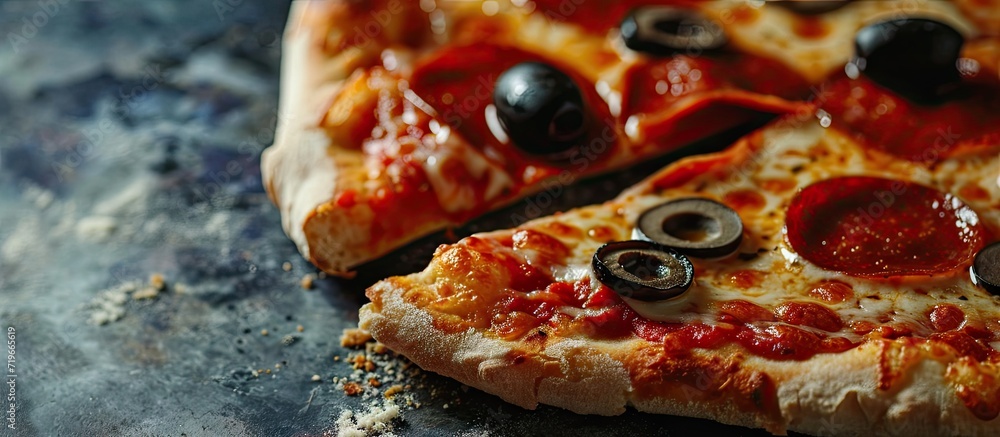 Aufkleber pizza lifting slice with pepperoni and olives. copy space image. place for adding text