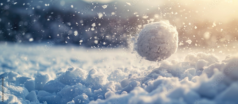 Poster snowball fight in winter a snowball flies through the air. copy space image. place for adding text