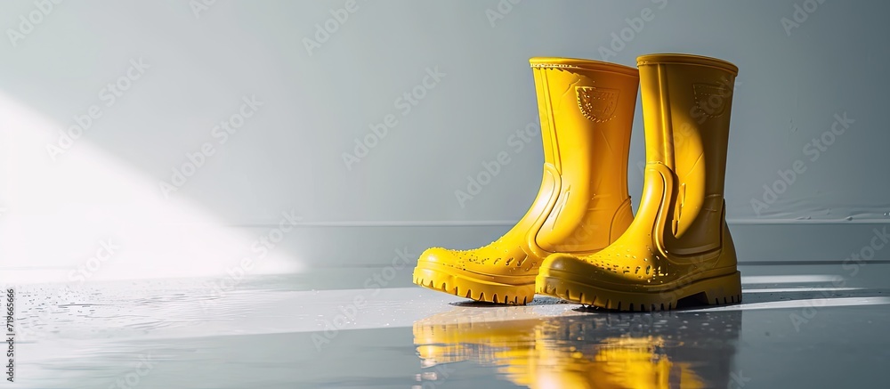 Poster yellow rubber boots isolated on white background. copy space image. place for adding text