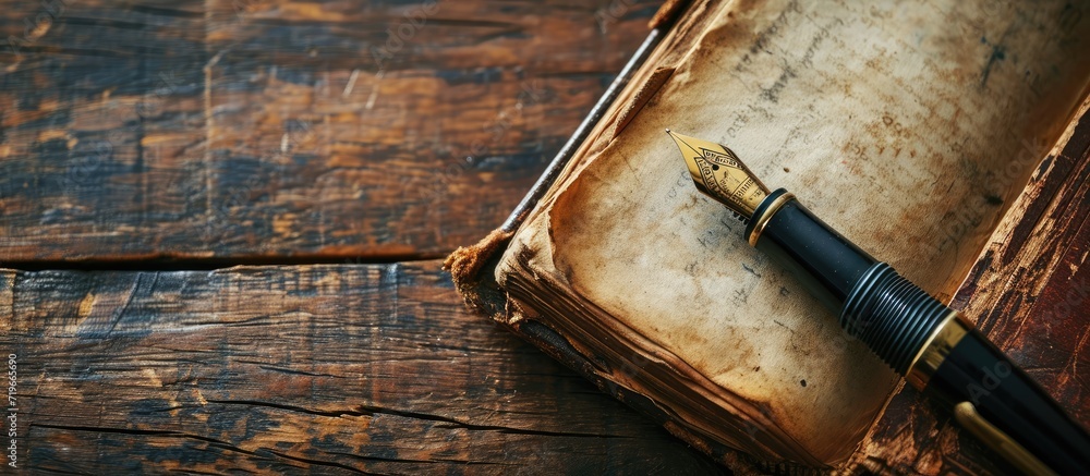 Poster top view of old open book with fountain pen on wooden table. copy space image. place for adding text