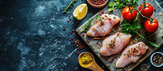 whole and sliced chicken breast with spices on a stone board top view copy space. Copy space image. Place for adding text