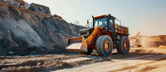 Powerful wheel loader for transporting bulky goods on the construction site Transportation of concrete products Transportation and movement of heavy long cargoes. Copy space image - obrazy, fototapety, plakaty
