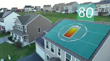 Rooftop solar panel cell on American home. Graphic battery icon illustration with charging...