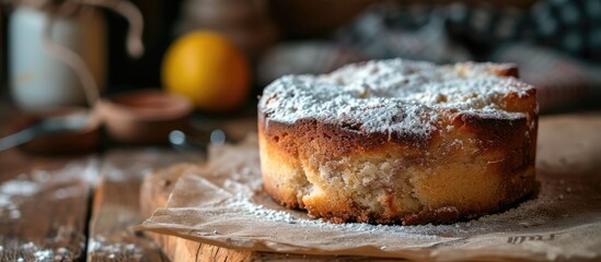 Yogurt cake or gateau au yaourt is a classic French baked good with icing sugar closeup in a plate on a table Vertical. Copy space image. Place for adding text - obrazy, fototapety, plakaty