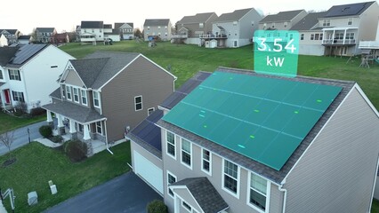 Rooftop solar panels on a residential home with power production measure. Clean photovoltaic...