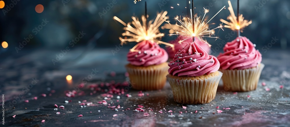 Poster three birthday cupcakes with pink frosting and party sparklers. copy space image. place for adding t
