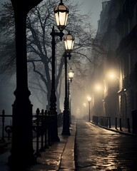 Foggy Nightfall: Vintage Street Lamps Illuminate the Old Town