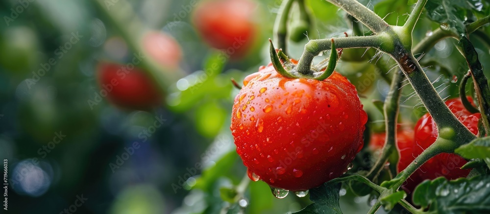 Poster ugly fruit of a ripening tomato on a branch in a greenhouse close up. copy space image. place for ad