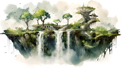 Floating Island: Vibrant Waterfall