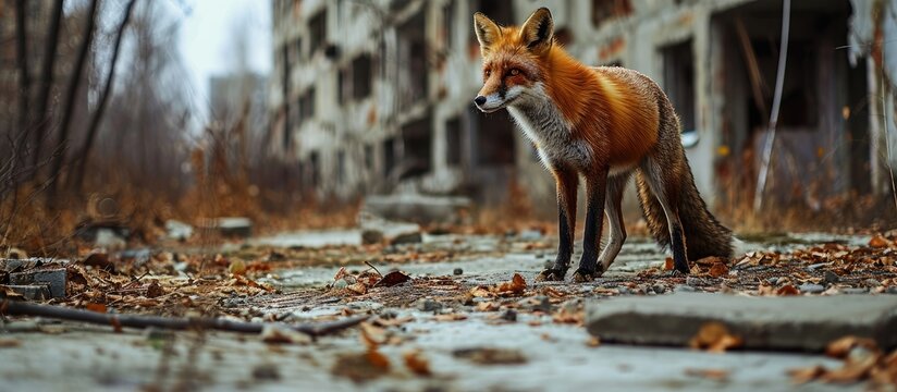 Wild Fox in the Pripyat city just walking around. Copy space image. Place for adding text