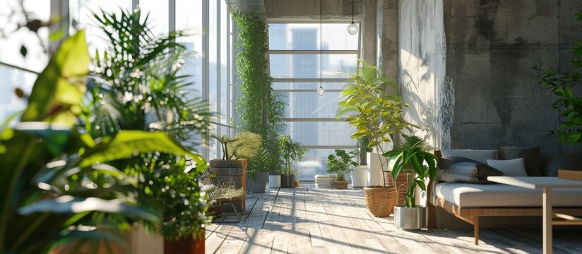 Small clean cozy balcony with windows in tiny city apartment with plants. Copy space image. Place for adding text