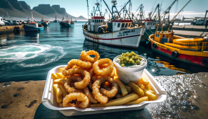 Naklejka premium Calamari coated in bread crumbs deep fried with French fries, take away in Styrofoam container, tartar sauce , Cape Town ocean harbor view