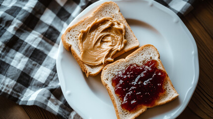 Peanut Butter and Jelly Sandwitch on a wooden table. United States popular sandwitch celebrated on April 2nd during National Peanut Butter and Jelly Day.