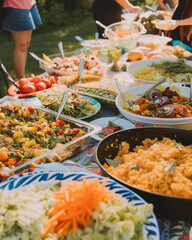 Obraz premium A diverse array of homemade dishes at a community potluck picnic
