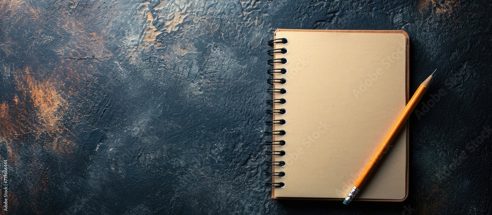Aufkleber Simple diagonal top view flat lay view of a few stationery items notebook and pencil. Copy space image. Place for adding text