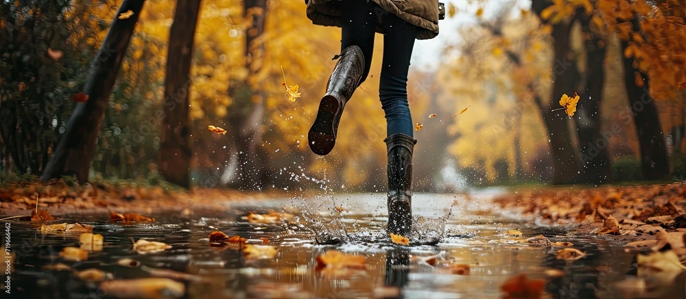 Poster woman wearing rain rubber boots walking running and jumping into puddle with water splash and drops 