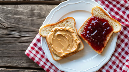 Peanut Butter and Jelly Sandwitch on a wooden table. United States popular sandwitch celebrated on April 2nd during National Peanut Butter and Jelly Day. - Powered by Adobe