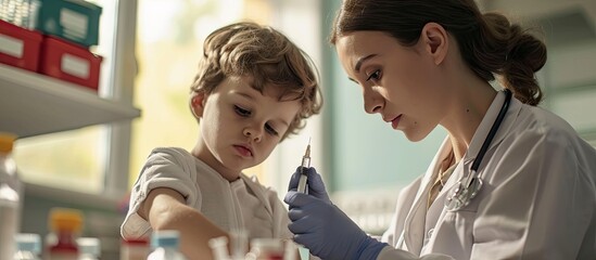 pediatrician Hand hold vaccine liquid injection in syringe for injecting child baby infant small syringe needle for infant prevention flu by vaccination immunity in Pediatrics hospital clinic