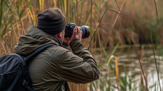 Enthusiasts observing and photographing birds in a nature reserve