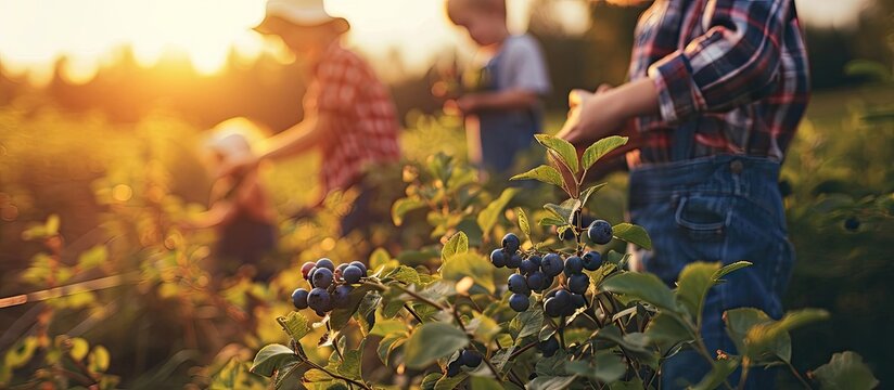 People picking blueberries on a family organic farm. Copy space image. Place for adding text
