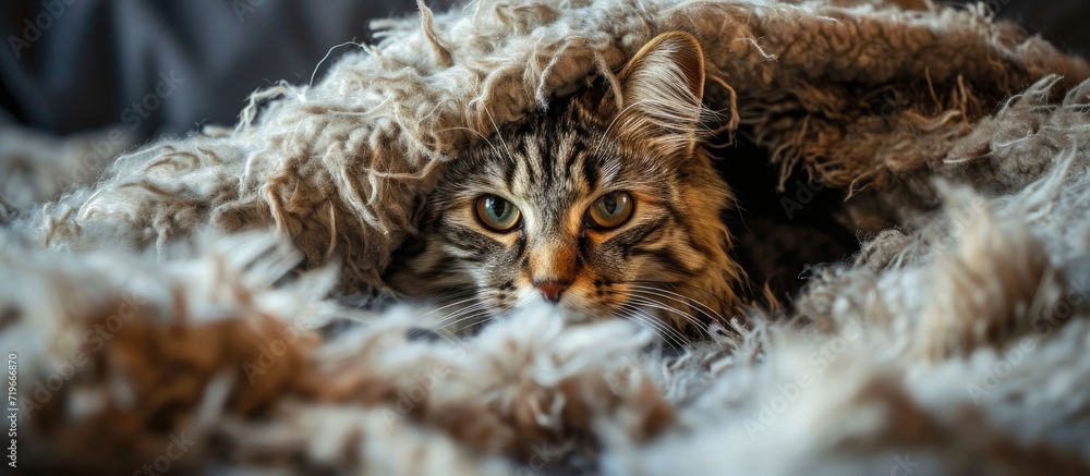Poster tricolor cat peeks out from under a crumpled brown woolen blanket. copy space image. place for addin