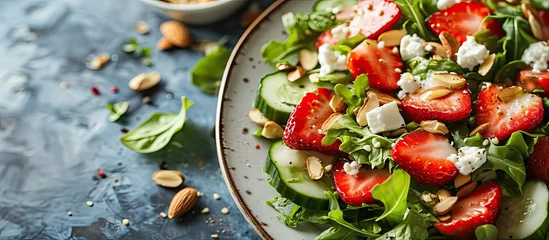 Foto auf Glas Summer Strawberry cucumber salad with lettuce feta cheese and almonds Healthy Food. Copy space image. Place for adding text © Ilgun