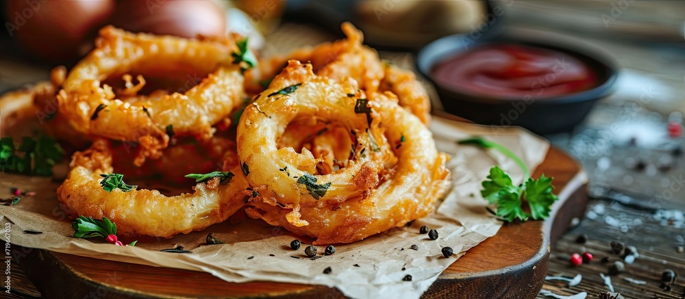 Poster portion of homemade onion rings with fresh herbs. copy space image. place for adding text
