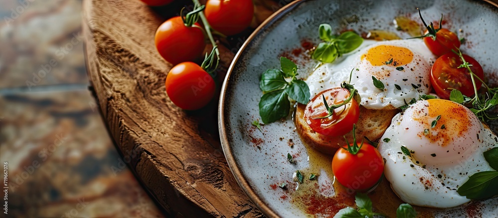Aufkleber portion of gourmet breakfast with poached eggs and tomatoes. copy space image. place for adding text