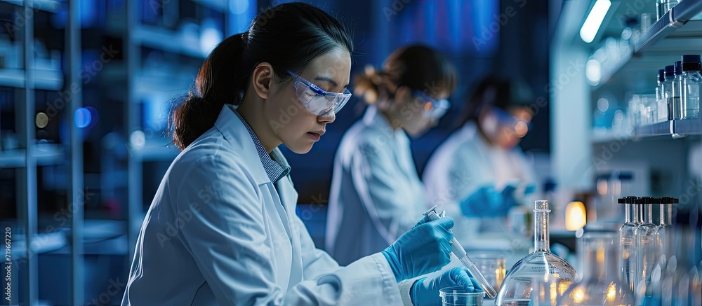 Poster smart monitoring cheerful asian woman working with her colleague in a lab while having a research. c