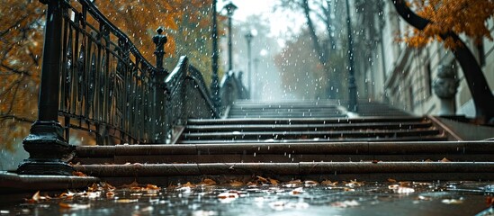 Selective blur on water of rain dripping and splashing on stairs in the city center of belgrade Serbia during a rainy afternoon of autumn during a bad weather episode. Copy space image