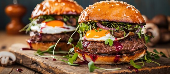Two homemade beef burgers with mushrooms micro greens red onion fried eggs and beet sauce on wooden cutting board Side view close up. Copy space image. Place for adding text