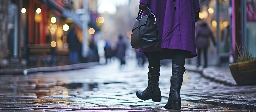Young woman legs in black ankle boots and purple coat with bag Trendy hipster outfit. Copy space image. Place for adding text