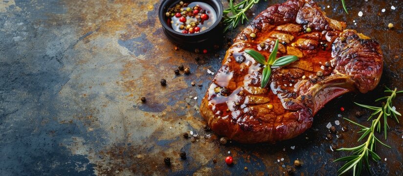 Tender raw trimmed bone in ribeye steak with jars of marinade spice rub an olive oil viewed from above on an old metal surface. Copy space image. Place for adding text