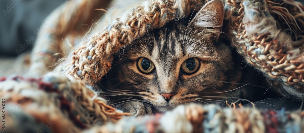 Poster tricolor cat peeks out from under a crumpled brown woolen blanket. copy space image. place for addin