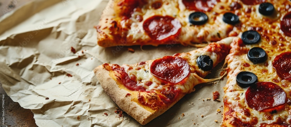 Aufkleber pizza lifting slice with pepperoni and olives. copy space image. place for adding text