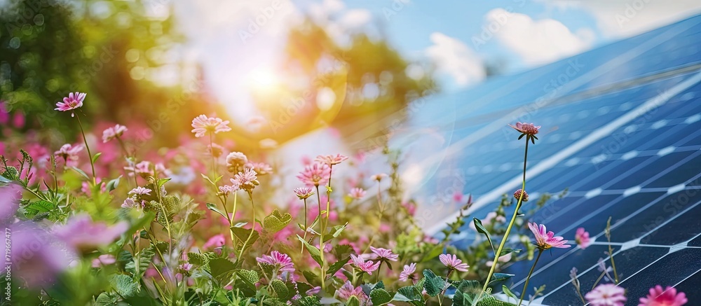 Poster solar cells on a roof with flowers in the foreground. copy space image. place for adding text