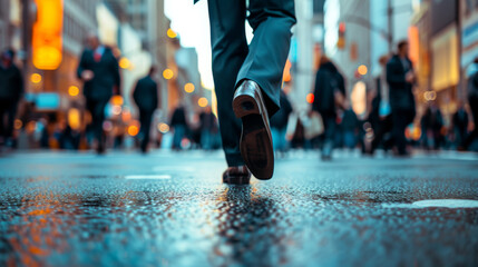 Walk to work Day. Elegant man in suit walking on a road, going to work. Australia National event, encouraging people to walk to work. Health and wellbeing benefits of walking.