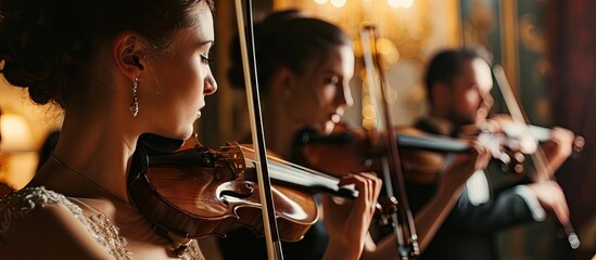 Two musicians playing violins on a wedding reception. Copy space image. Place for adding text - Powered by Adobe