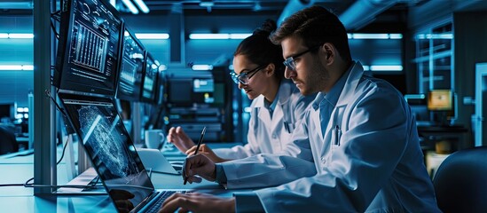 Portrait of Two Creative Young Female and Male Engineers Using Laptop Computer to Analyze and Discuss How to Proceed with the Artificial Intelligence Software Standing in High Tech Research Off