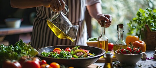 Woman adding olive oil to her healthy salad. Copy space image. Place for adding text - obrazy, fototapety, plakaty