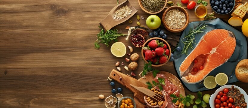 Selection of food for better sleep insomnia rich in tryptophan and melatonin copy space. Copy space image. Place for adding text